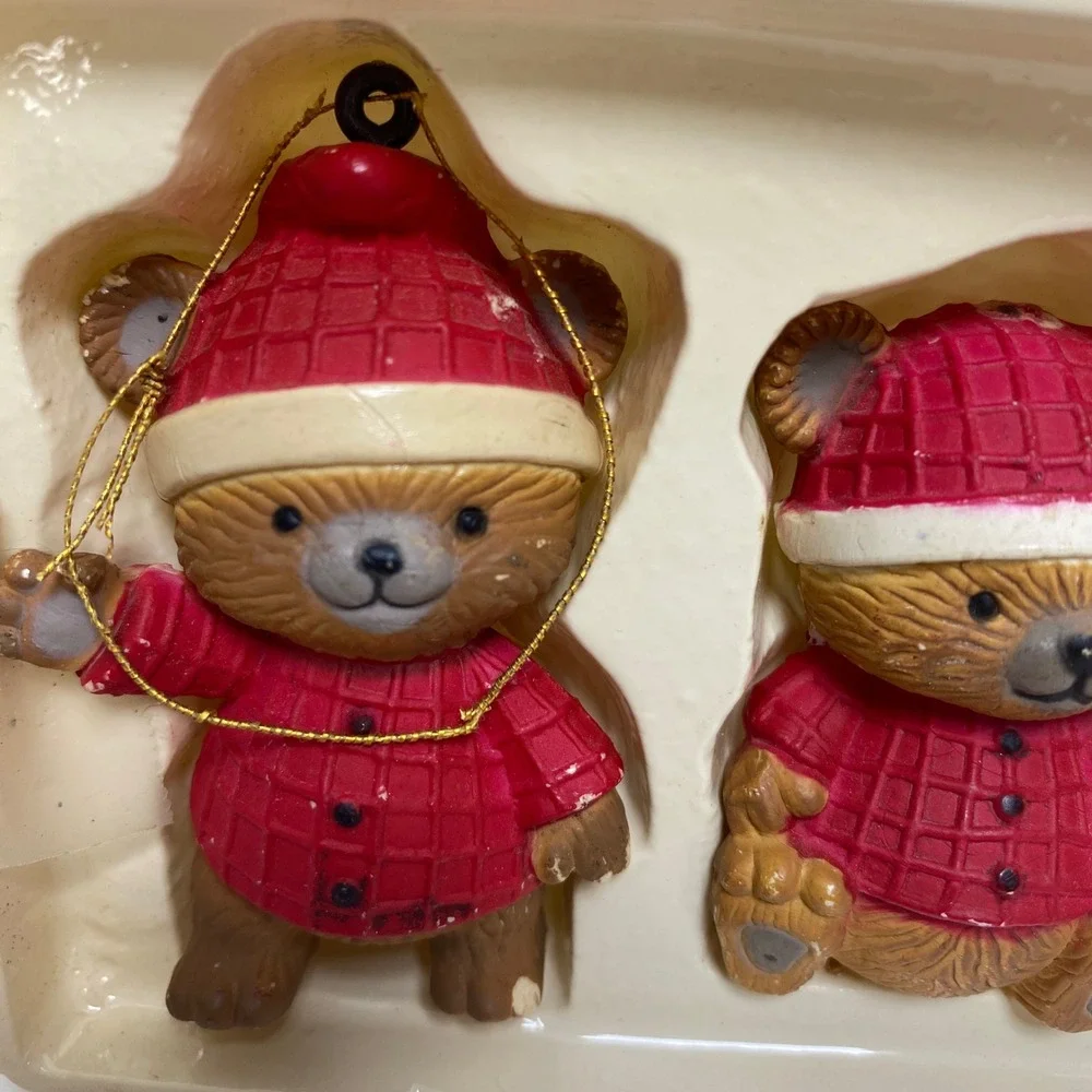 VTG Dept 56 Set of 4 Christmas Teddy Bear Hand Painted Ornaments Santa‎